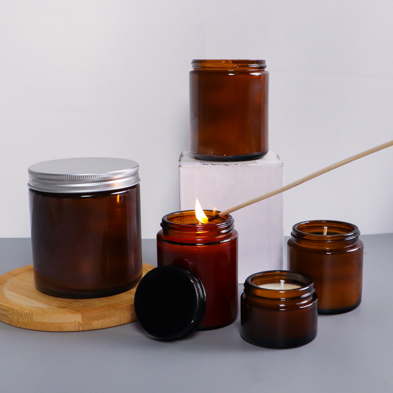 Unique apothecary amber candle jars 16oz 500ml 200ml 150ml 100ml with metal lid