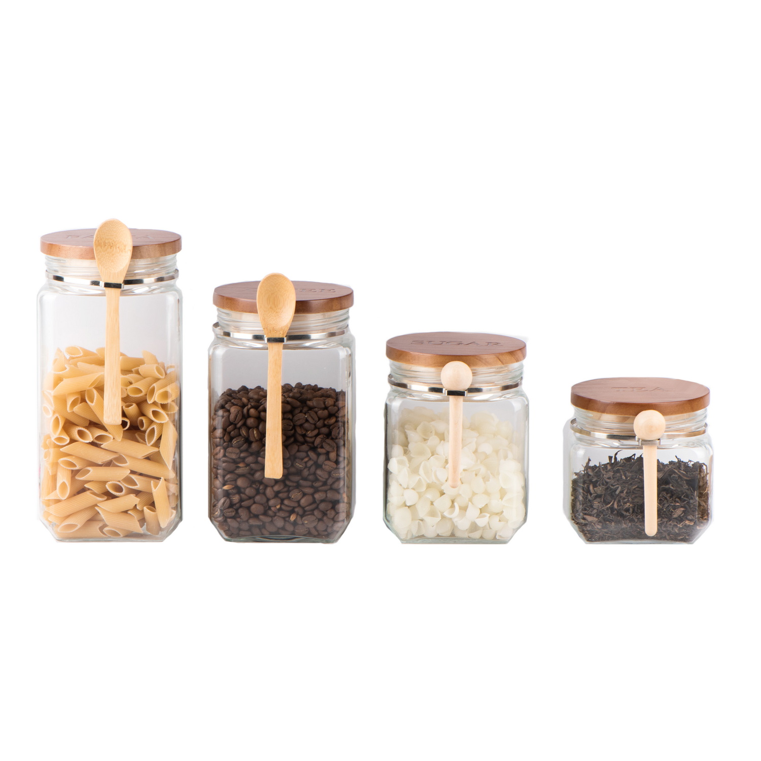 Square glass jar with wooden lid and spoon