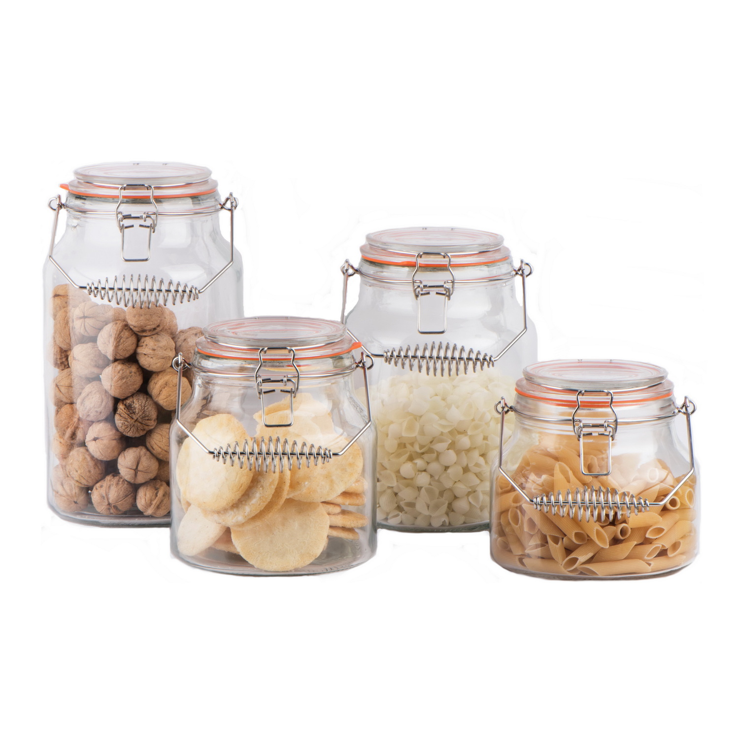 large glass food storage jar with stainless steel clip and handle