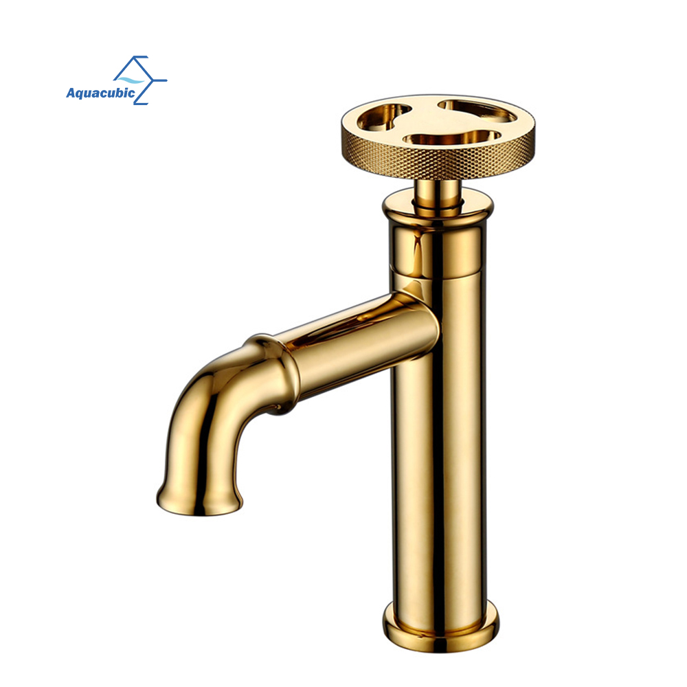Deck Mounted Bathroom Gold Single Etched Handle Basin Industrial Style Brass Bathroom Sink Faucet
