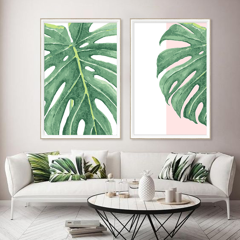 Popular Design Green Leaves Home Decor Wall art Painting Double Color Framed Art for Living Room