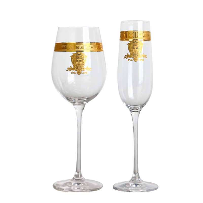 Wine Champagne Brandy Whiskey GLass Goblet and Whiskey Glass Set With Gold Apollo Head Logo