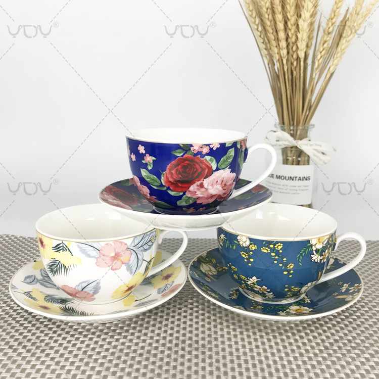Personalized wholesale ceramic flower printed design coffee tea cup and saucer