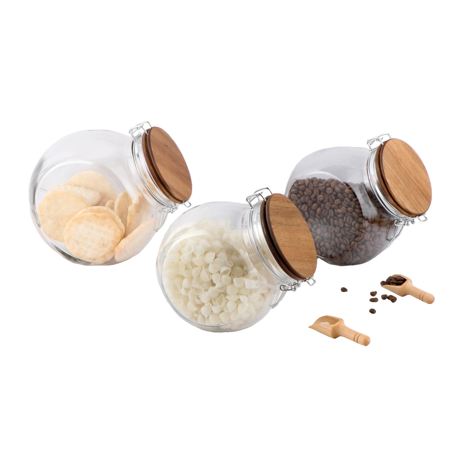 Glass storage jar with acacia wood lid and shovel CCP388BW
