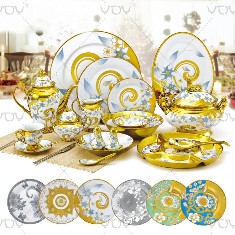 Electroplating gold design 63pcs fine porcelain dinnerware luxury dinner set