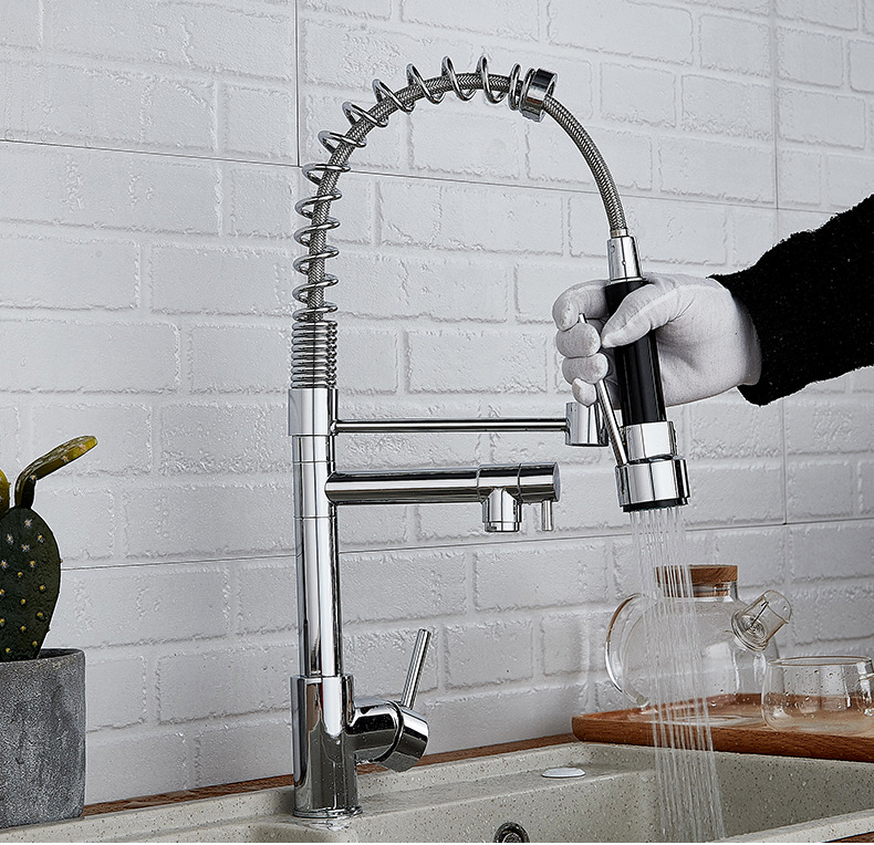 Hot and cold mixed water multifunctional spring pull kitchen faucet