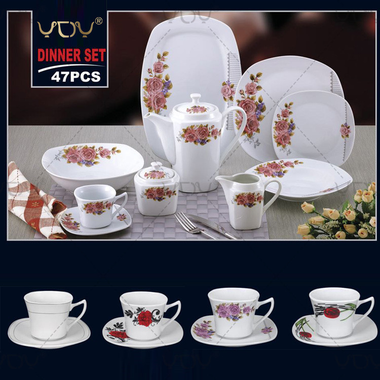 Wholesale price flower print design white custom logo square 47 pcs dinner set porcelain