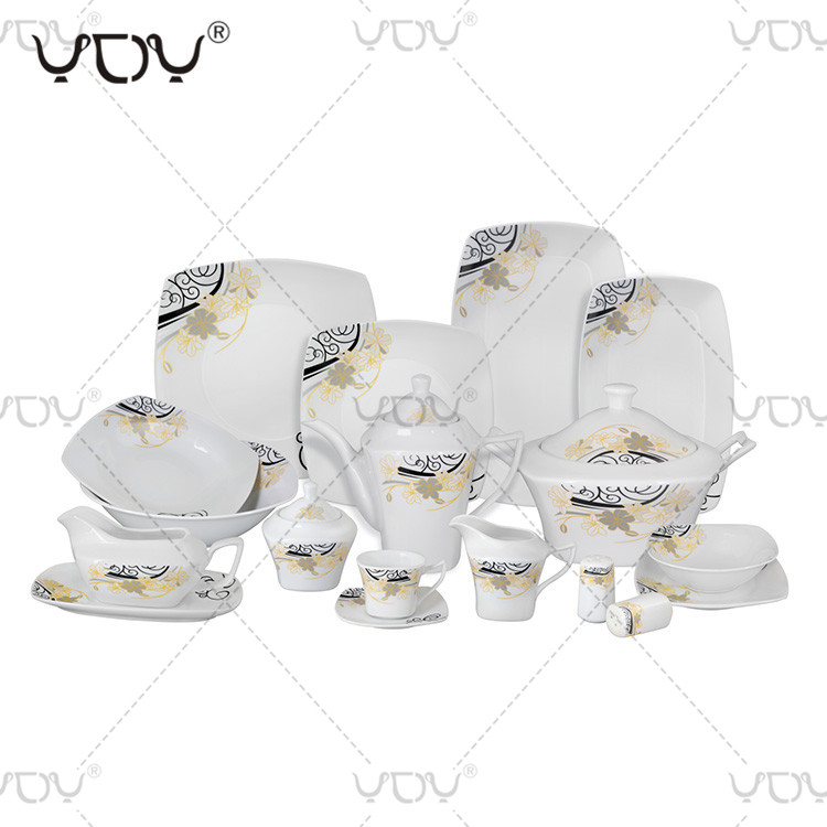 White custom print logo design square shape 97pcs fine chinese porcelain dinner set ceramic