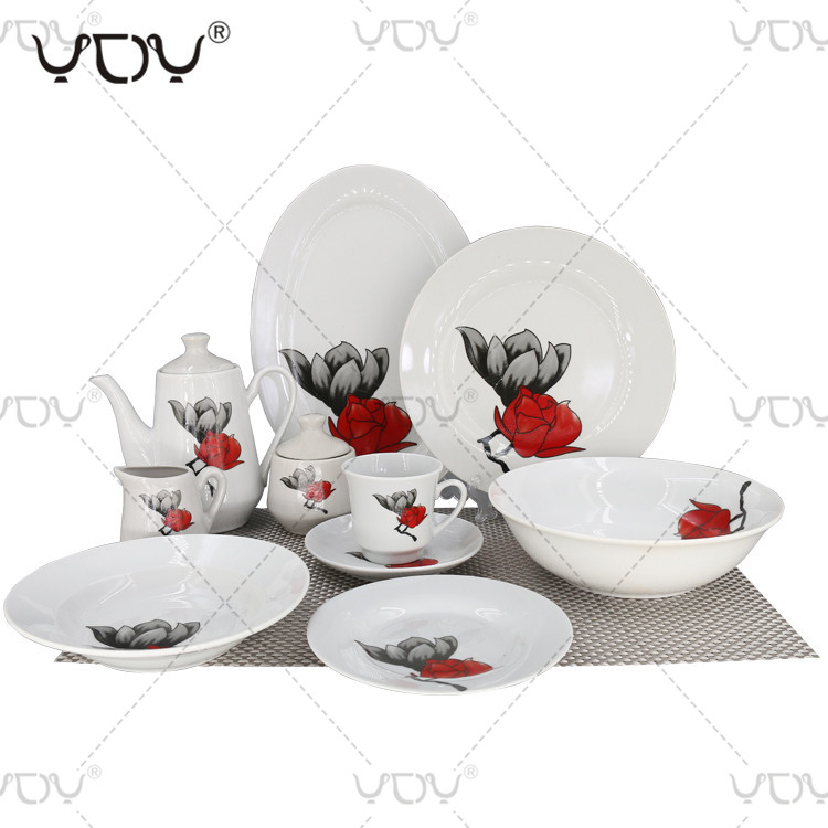 Flower design wholesale ceramic white porcelain dinner set dinnerware