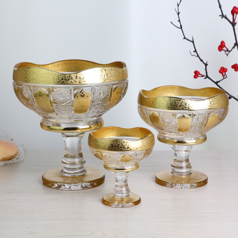 Glass Fruit Bowl With Home Decoration,Luxury Gloden Housewares,Gift,Vintage-inspired Pattern