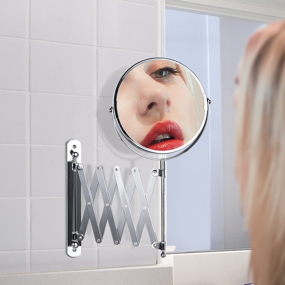 7 Inches Scissor arm Round Shape Frame Dual Sides Metal Wall Mount Mirror with Magnification