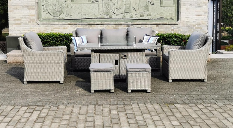 Alum dining set with rectangular firepit table.