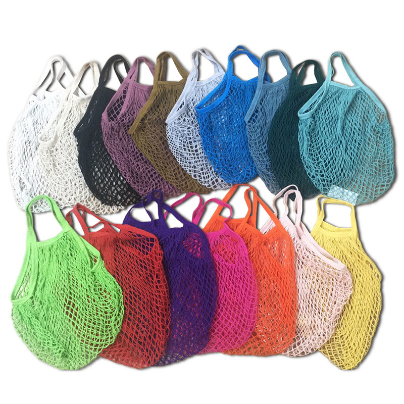 Long Handle Reusable Canvas Cotton String Mesh Shopping Bag Net Grocery Bag For Fruit Vegetable