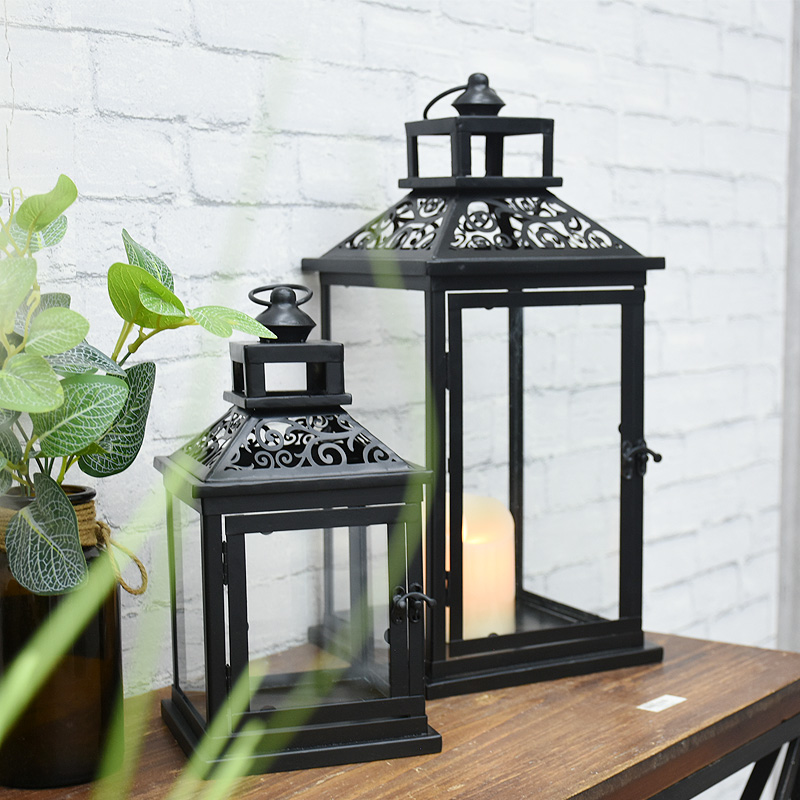 Hot Sell European Glass Metal Black Decorative lantern Candle Holder Wedding iron Hanging Lantern
