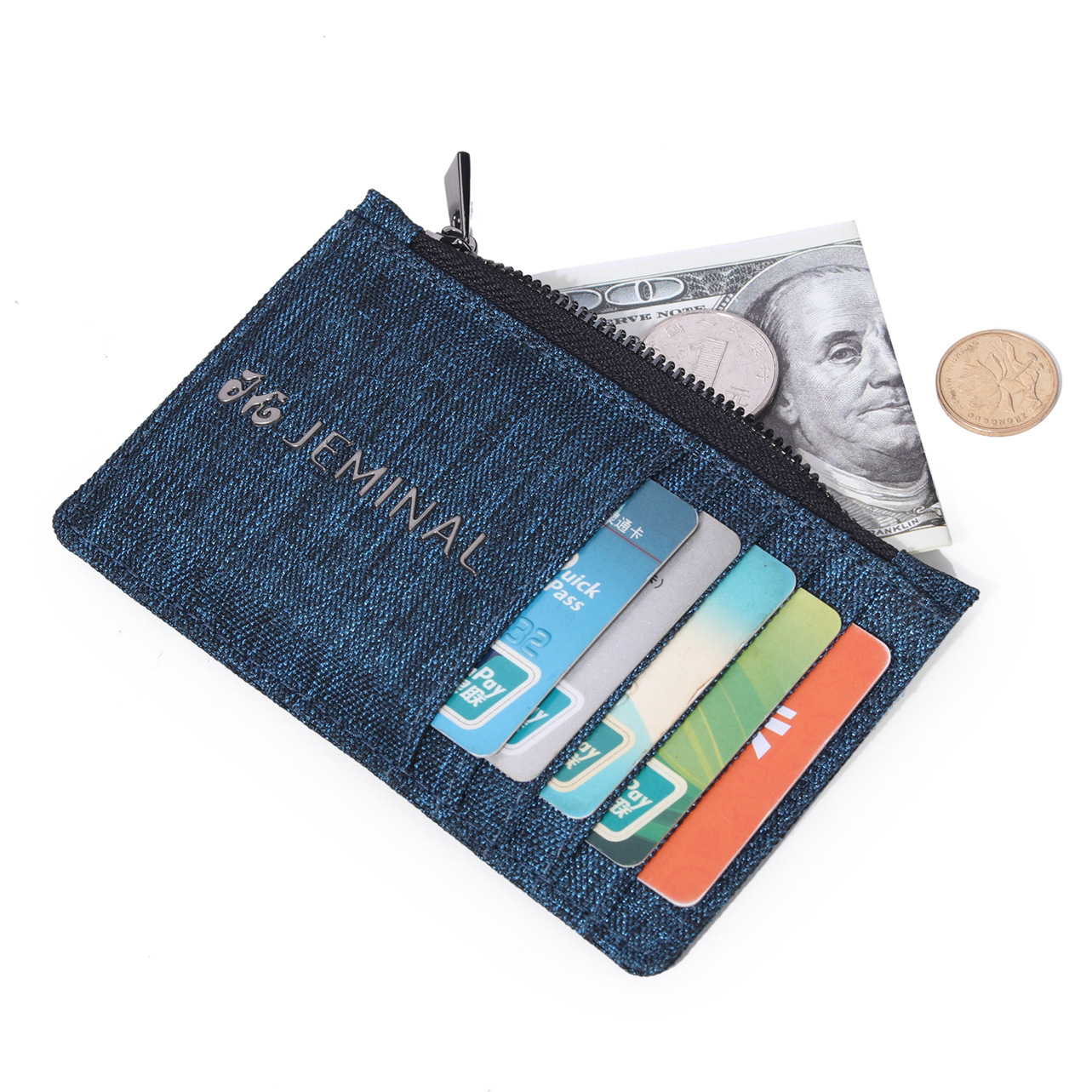 Double Sided Slim Canvas Water Resistant Lightweight Zippered Minimalist Wallet with Clear ID Window