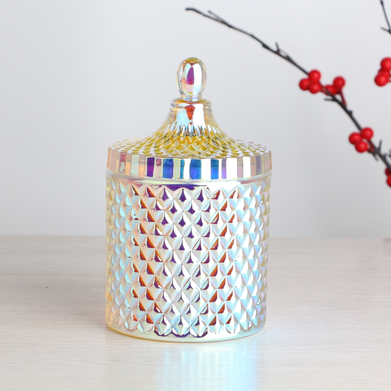 Handmade 16oz glass candle jar with lid geo cut iridescent holographic candle glass jars with lid