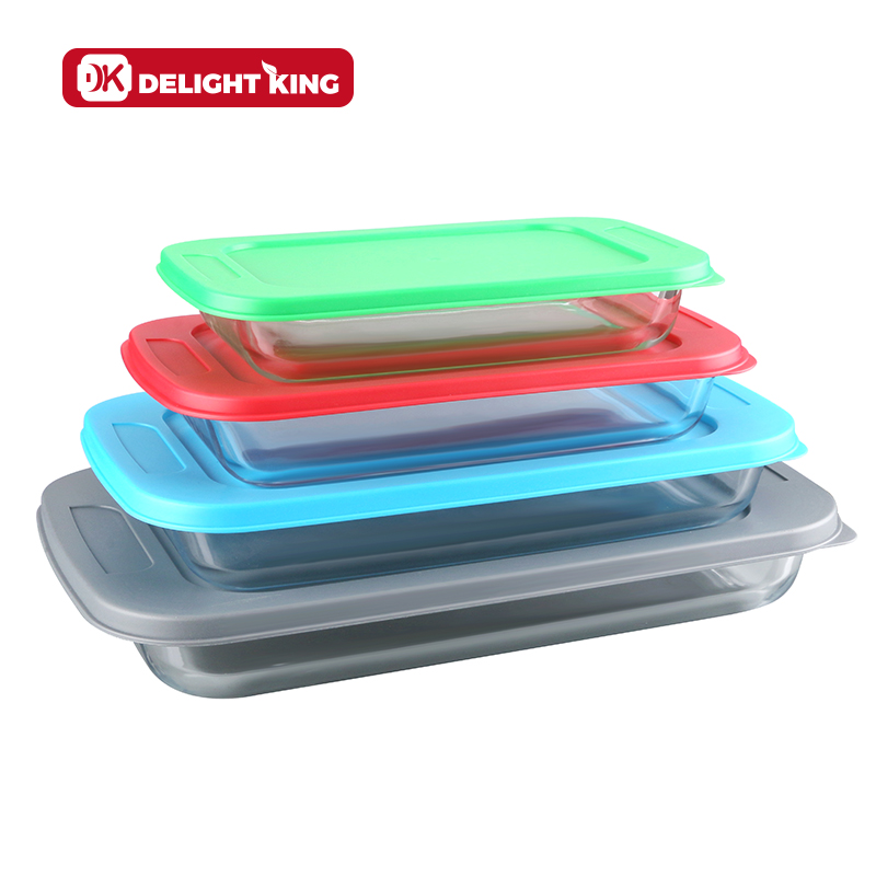 Glass baking tray with lid baking dishes with food grade plastic lid glass bakeware set with lid
