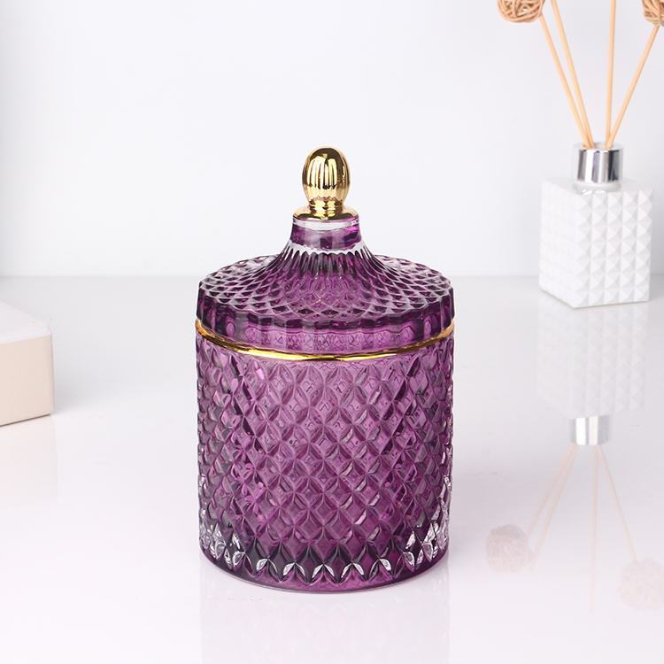 Elegant purple cut diamond 16oz glass candle jars with glass lid