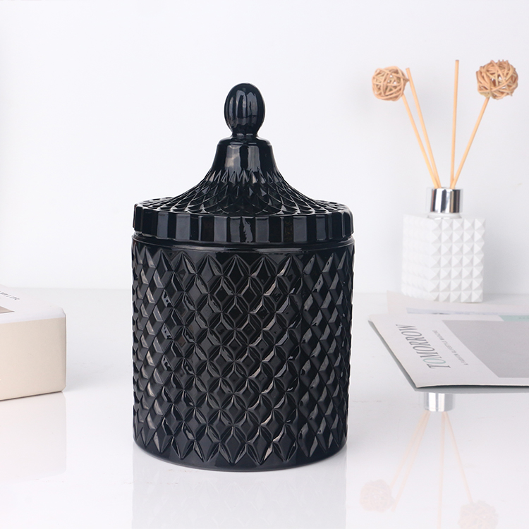 Elegant empty 16 oz shiny black cut glass candle jar with lid