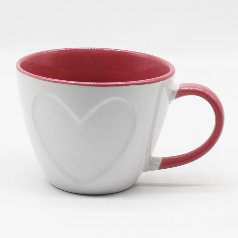 2tones color ceramic mug with embossed design