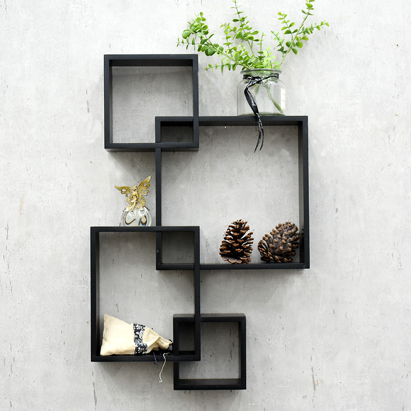 Wood hanging Decor Home Accessories Organizer 4 Square cube Intersecting Wall Mounted Floating Shelf