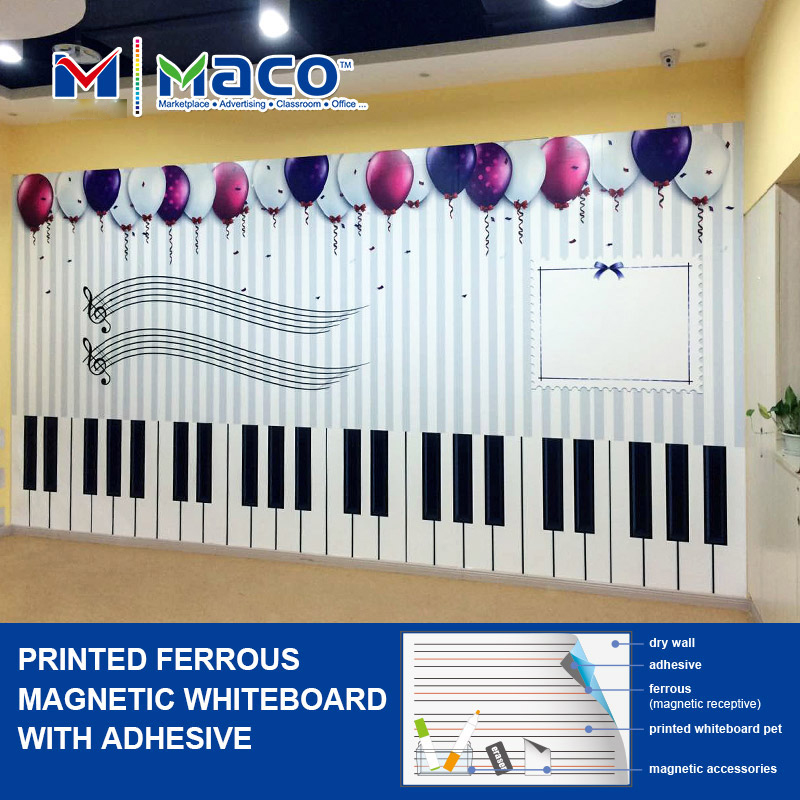 printed ferrous magnetic whiteboard with adhesive