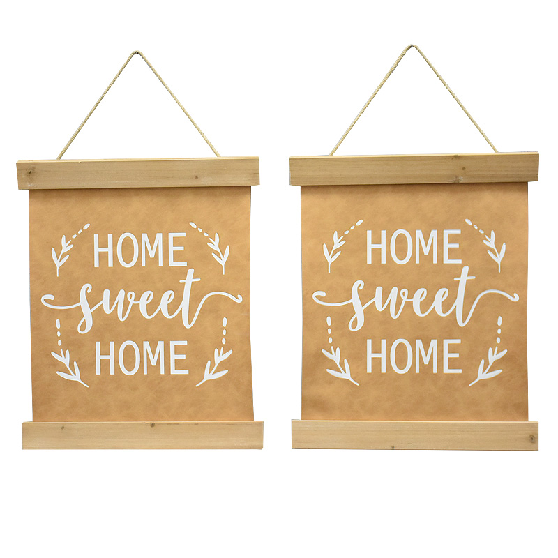 Natural Wood Hanger Frame Poster, Home Sweet home leather Hot stamping Print wall Signs Hanging Art