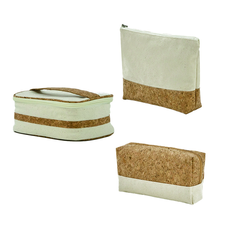 Custom Logo Organic Cotton Canvas Zipper Pouch Natural Recycled Cork Makeup Cosmetic Bag
