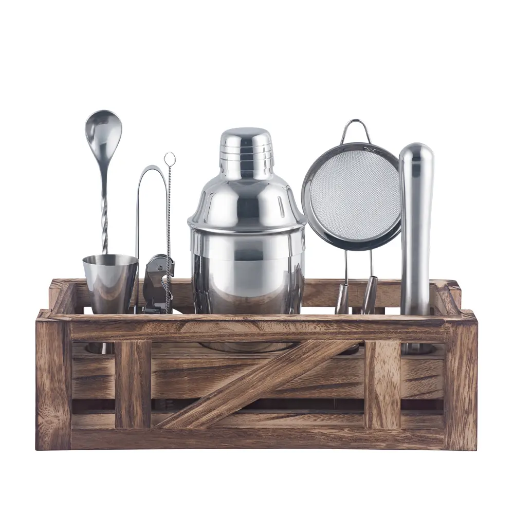 Bar tools set wooden holder stainless steel