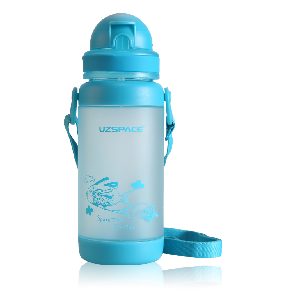 UZSPACE 300ml portable cute fish kids bpa free plastic water bottle with shoulder straps and straws