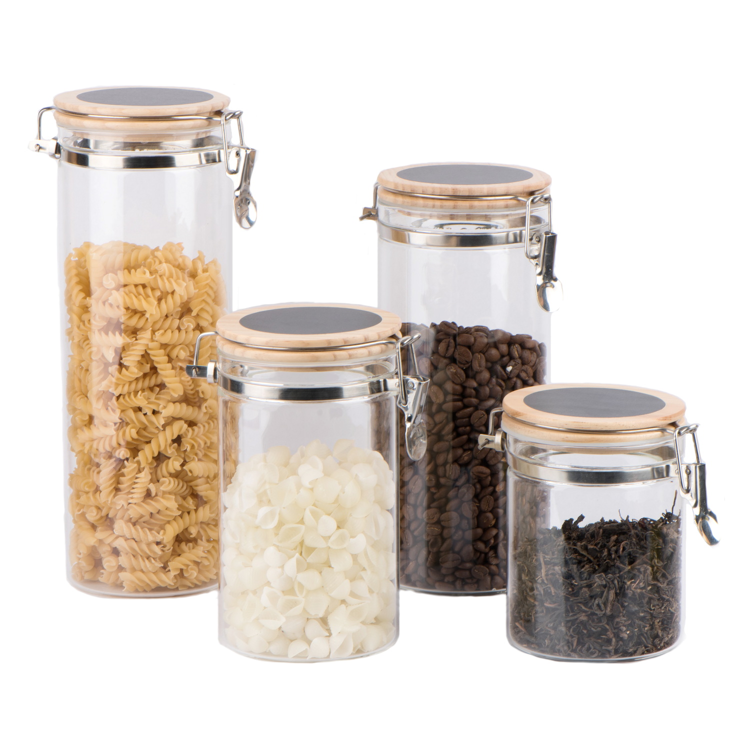 High borosilicate glass storage jar with stainless steel clip and wooden lid with chalkboard on lid