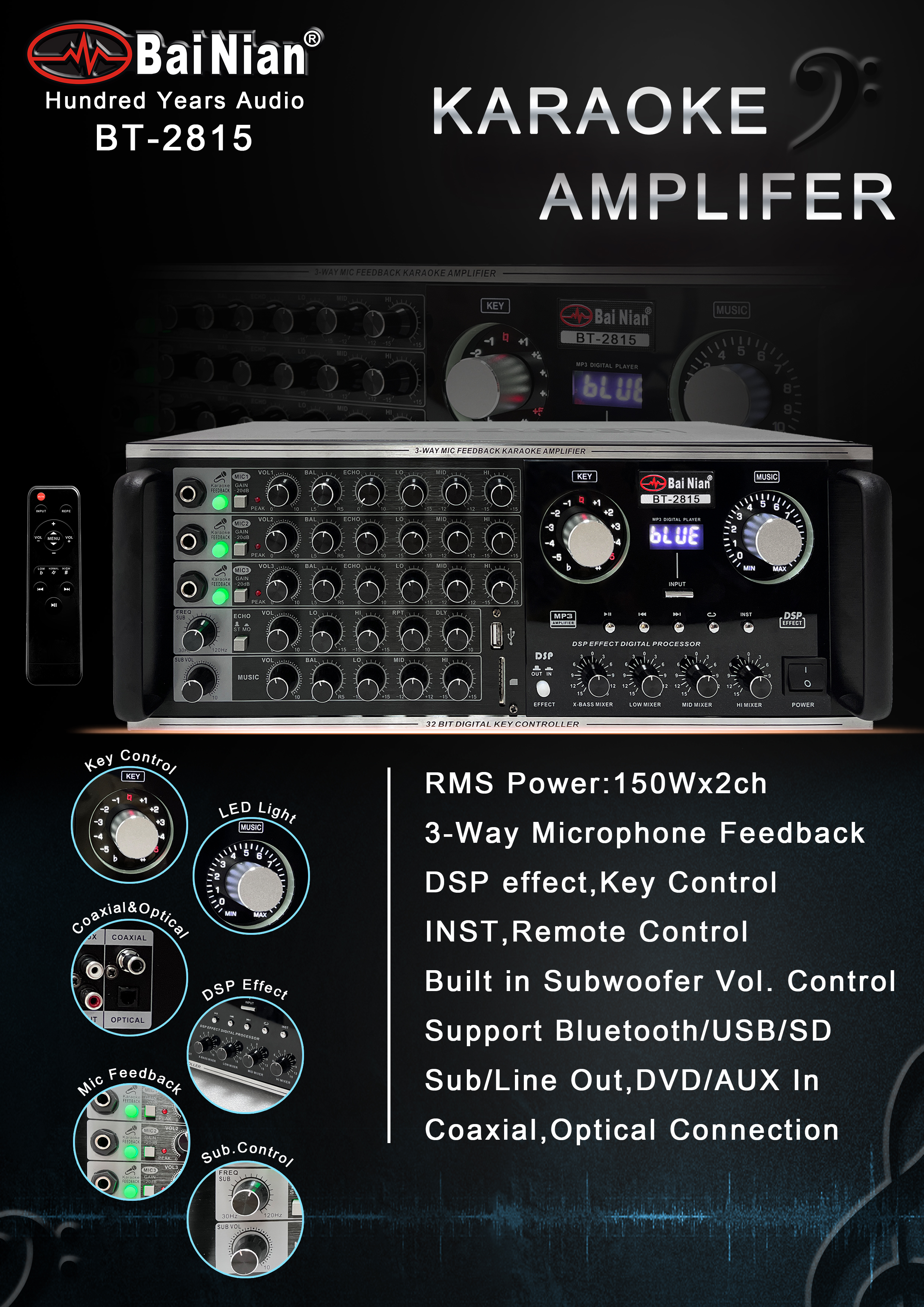 Amplifier(Stereo Digital Home Amplifier for Karaoke Sound System)