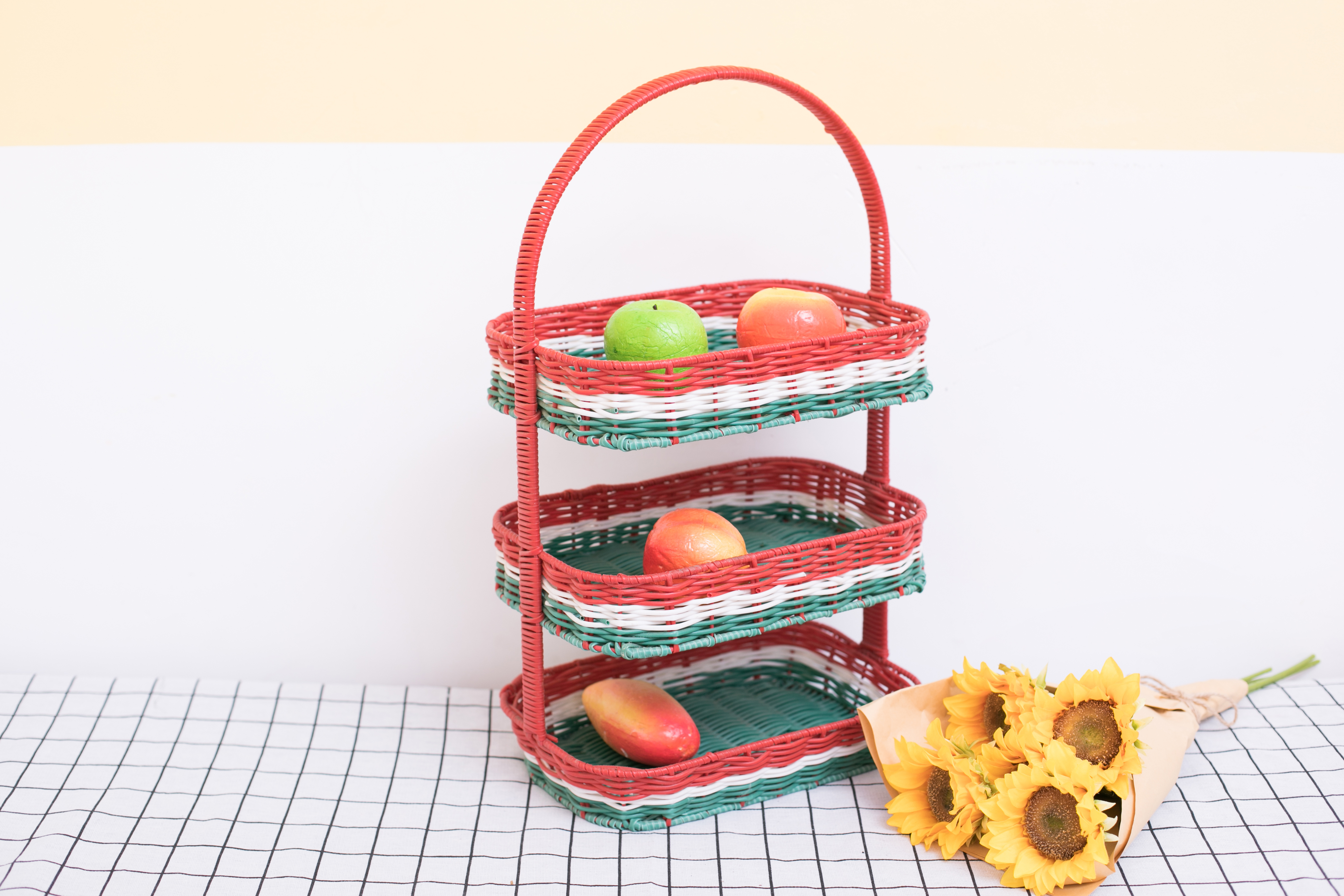 Christmas 3 Tier PP Rattan Woven Fruit Basket picnic basket
