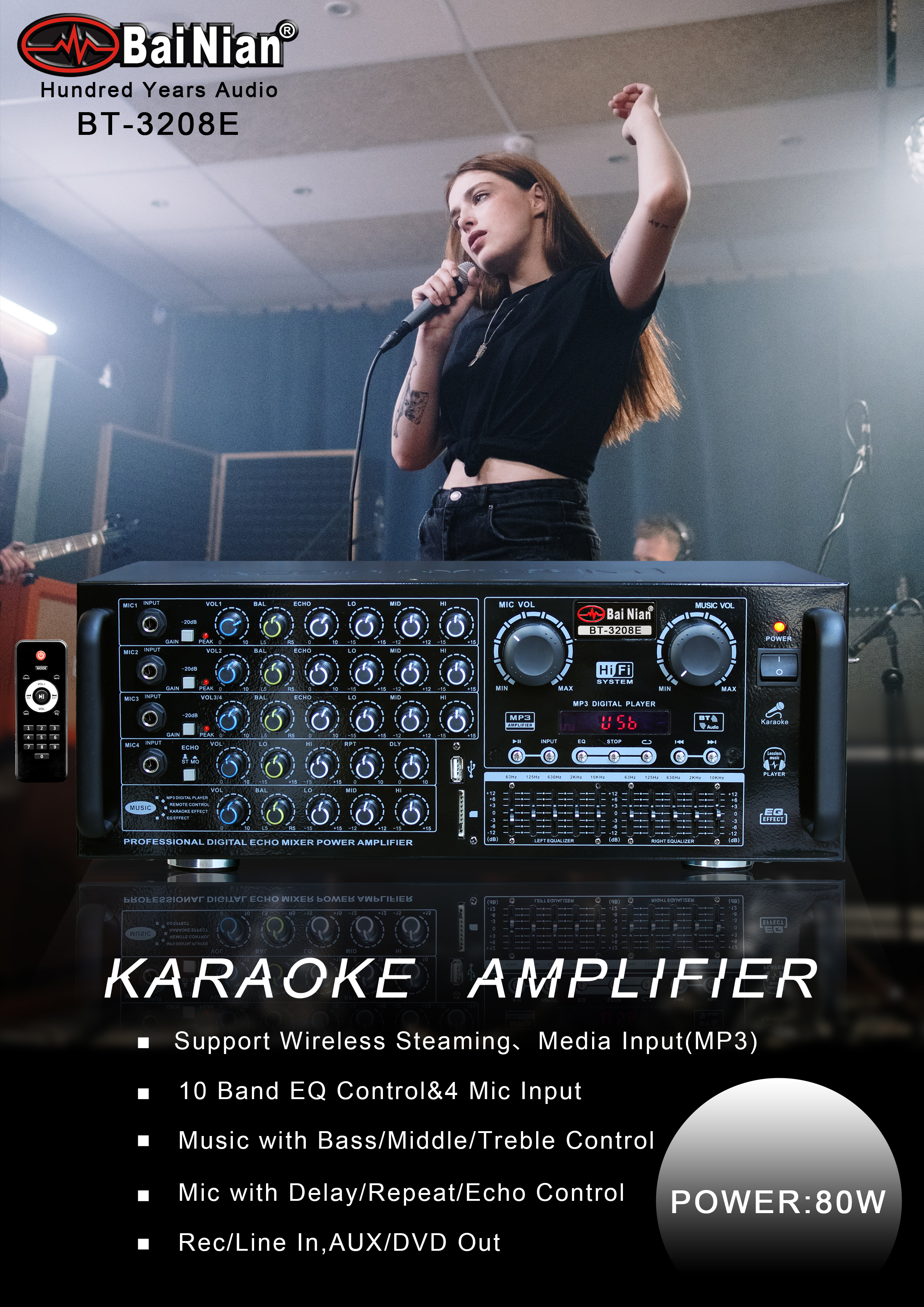 Amplifier（Stereo Digital Karaoke Sound System)Bulit in EQ Control/Bluetooth/USB/SD/4Mic Double Layer Print PCB Board