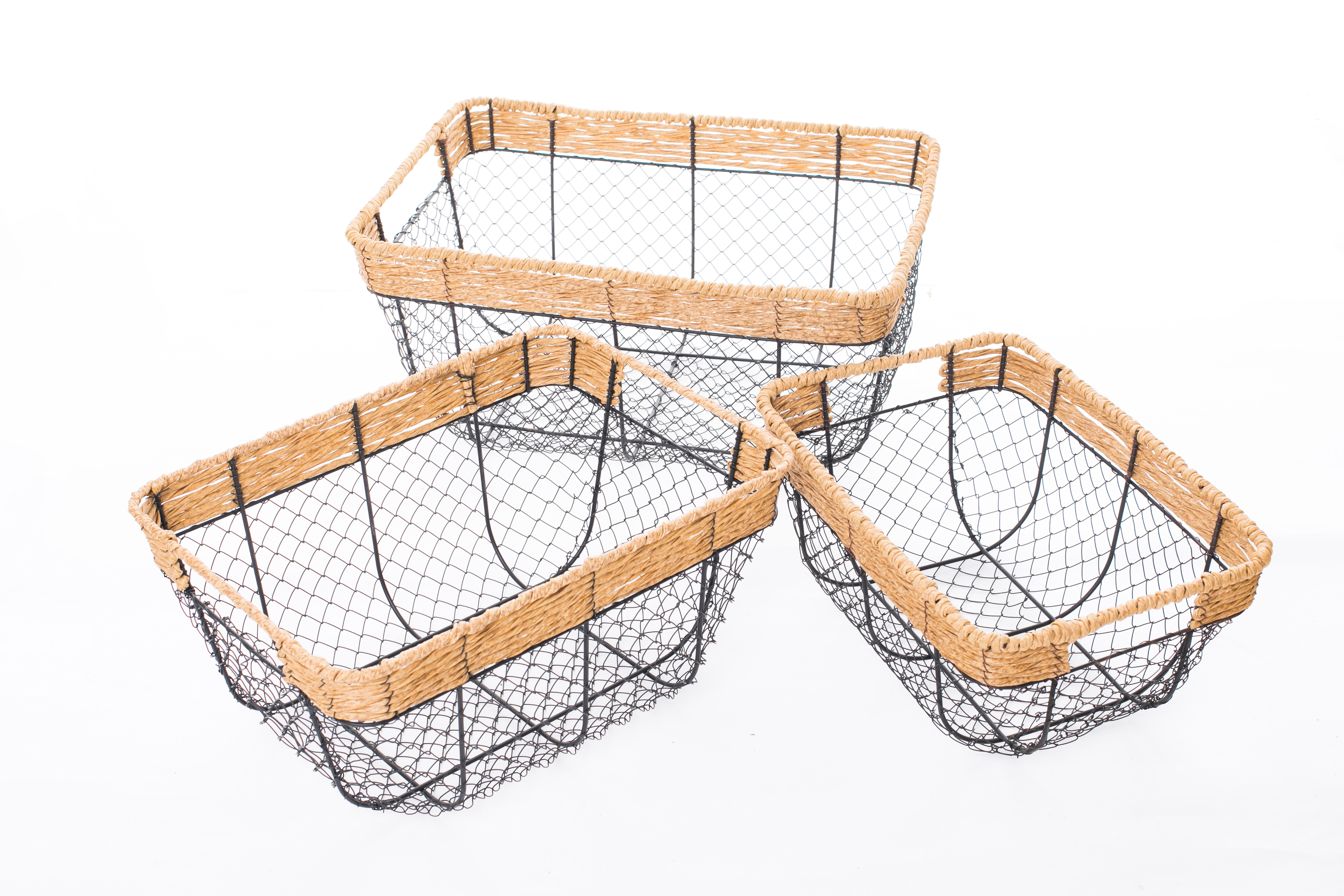 Rectangle Wire And PE Rattan Woven Storage Basket Set of 3