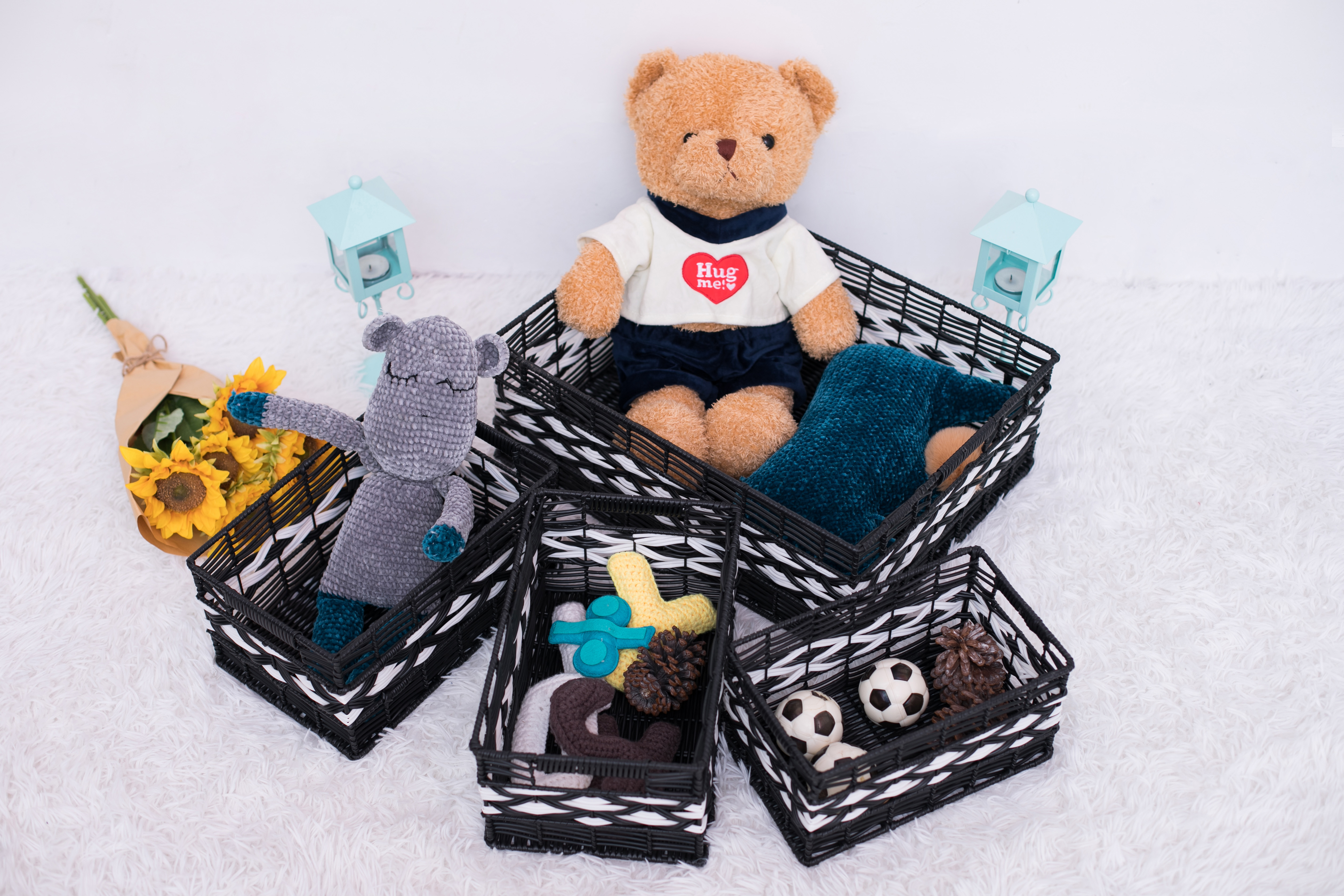 Rectangle Wire And PE Rattan Woven Storage Basket Set of 5