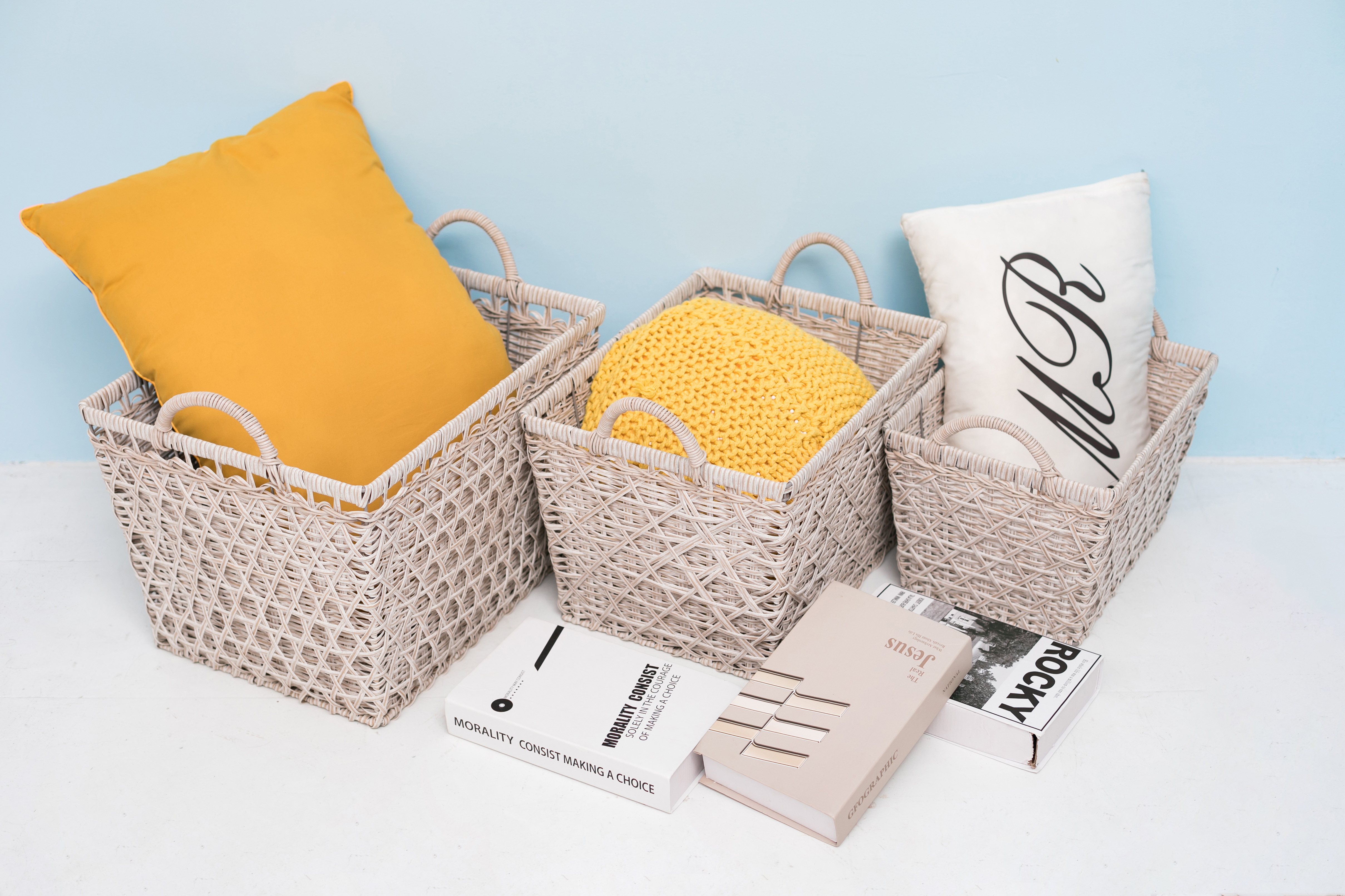 PE Rattan Woven Storage Basket Set Of 3