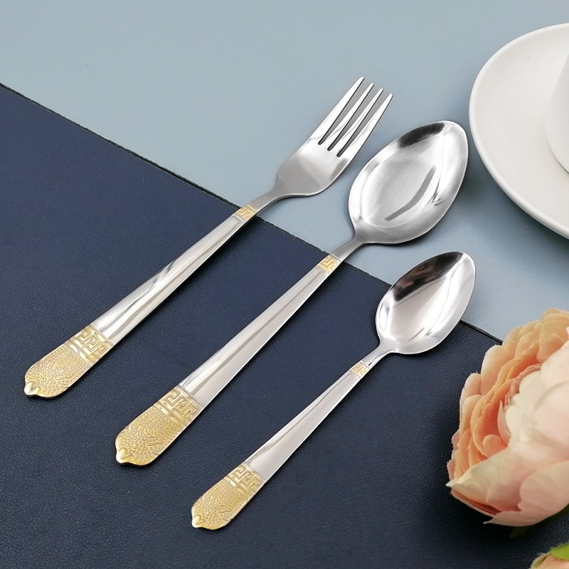 Gold plating spoon fork teaspoon 3 pc set of stainless steel