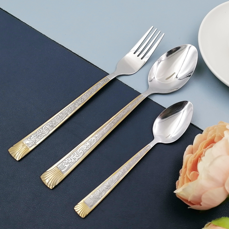 Gold plating spoon fork teaspoon 3 pc set of stainless steel