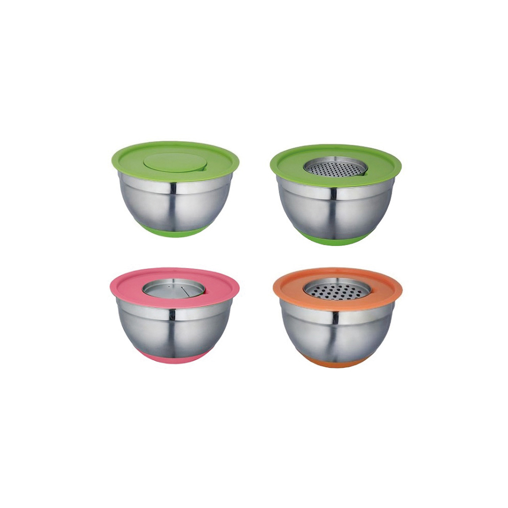Stainless Steel Salad Bowl With Covers & Planers & Silicon Bottom