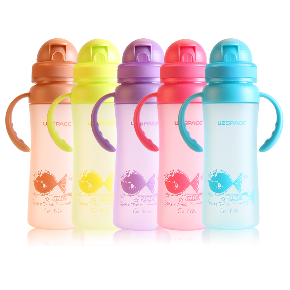 UZSPACE latest 350ml kids BPA free clear plastic water bottle with inside silicone straws and handle