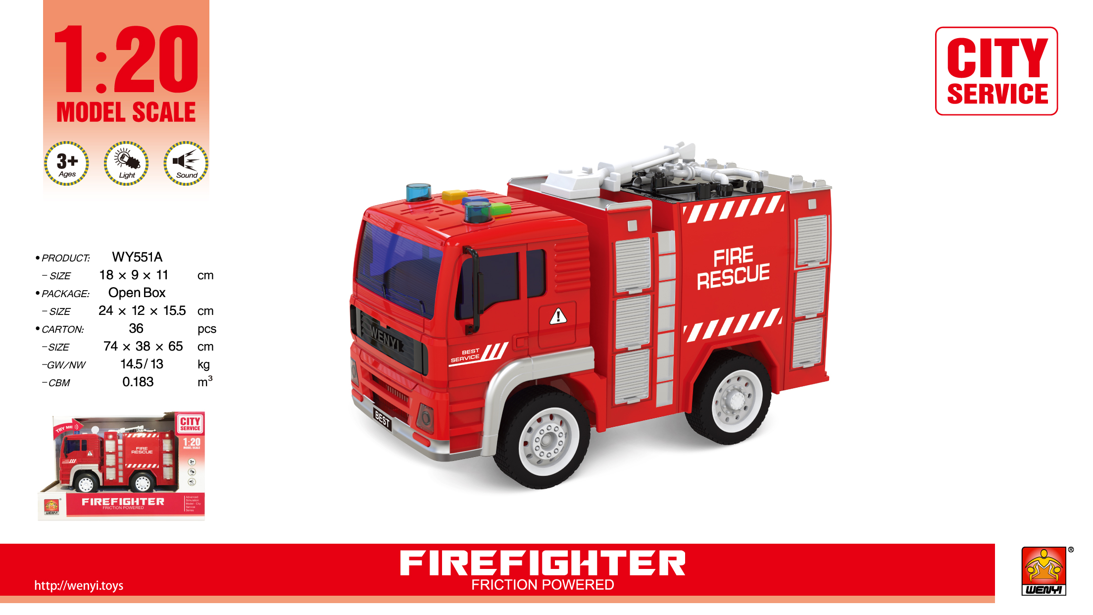 1:20 Friction Fire Truck (w/ light & sound)