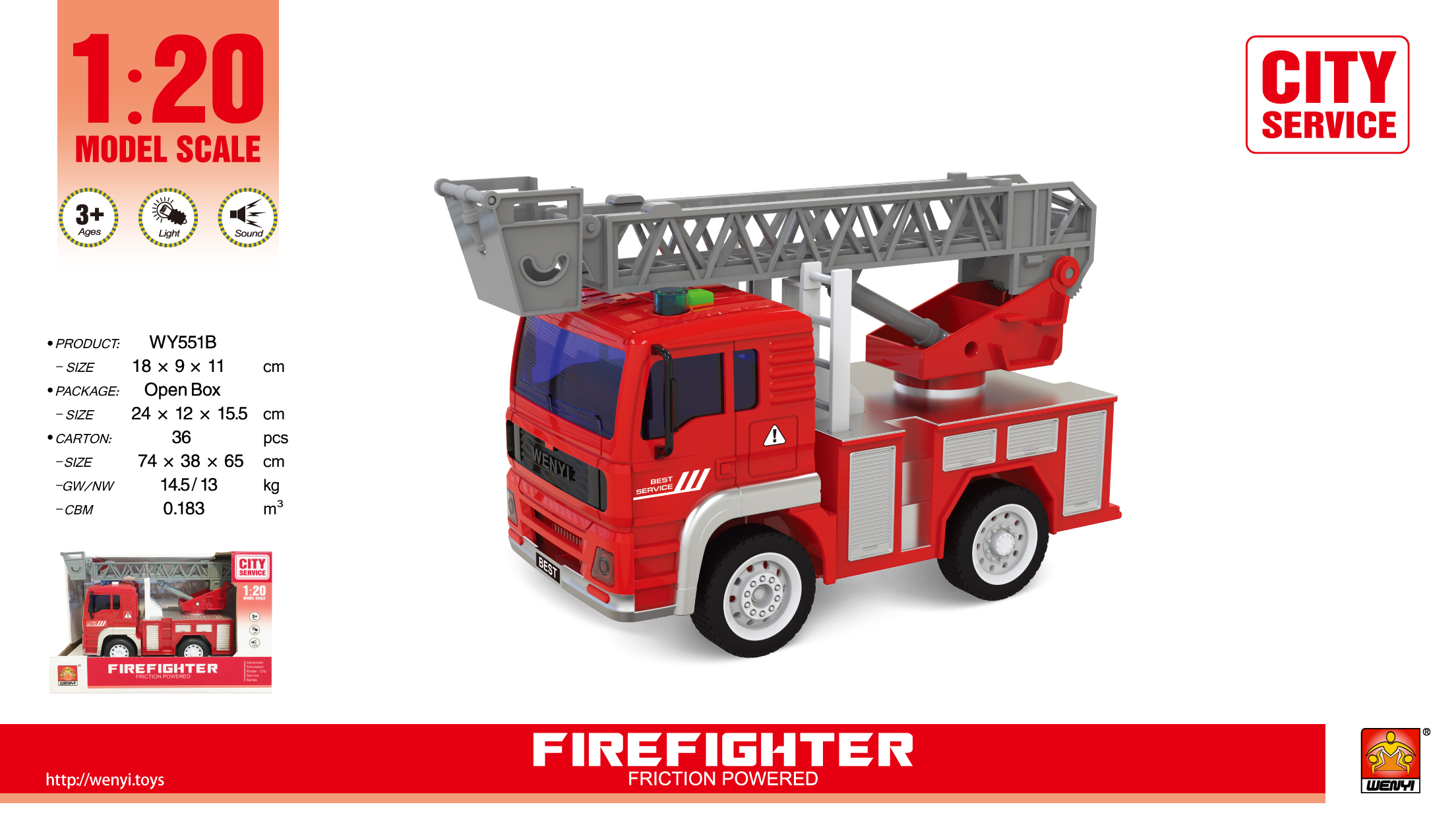1:20 Friction Fire Truck (w/ light & sound)