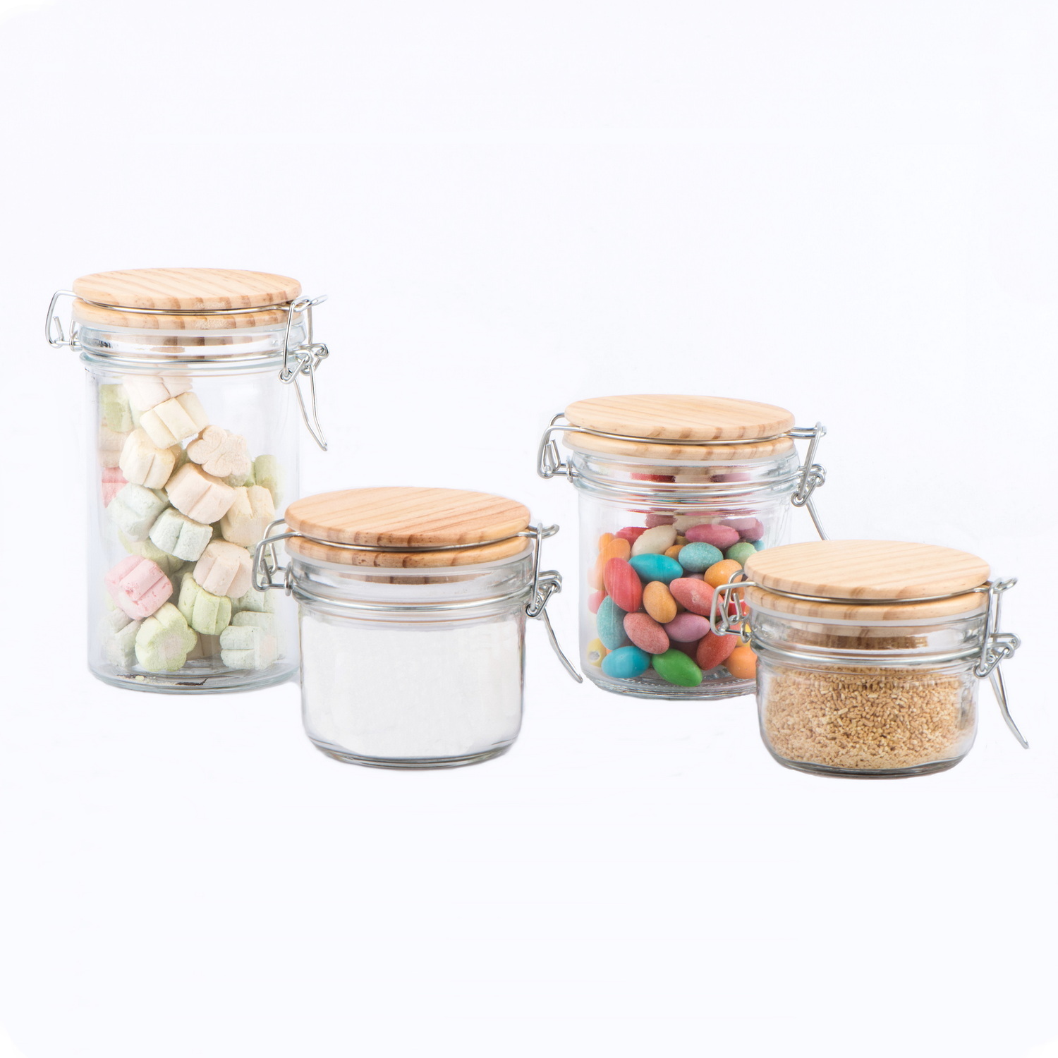 Glass food storage jar with metal clip and silicon seal ring and wooden lid CCP422W