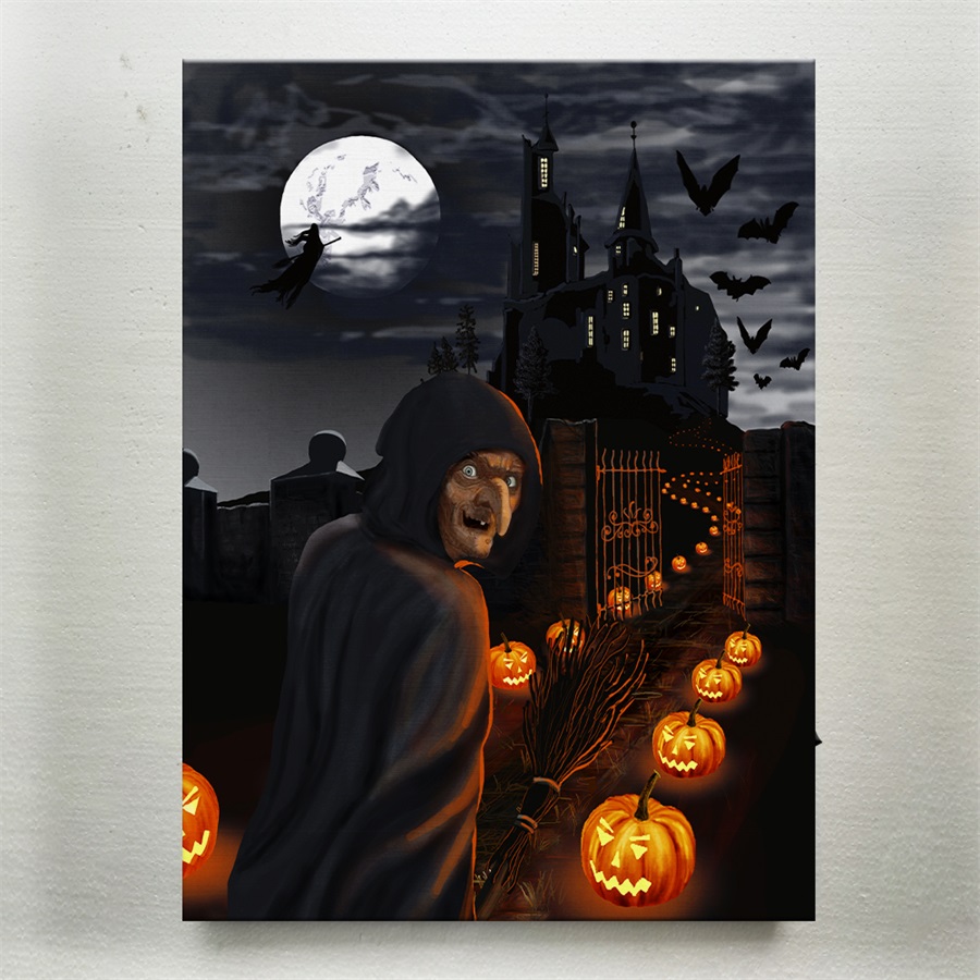 Wholesale Custom Lighted LED Lights Canvas Painting Halloween Pumpkin Wall Art