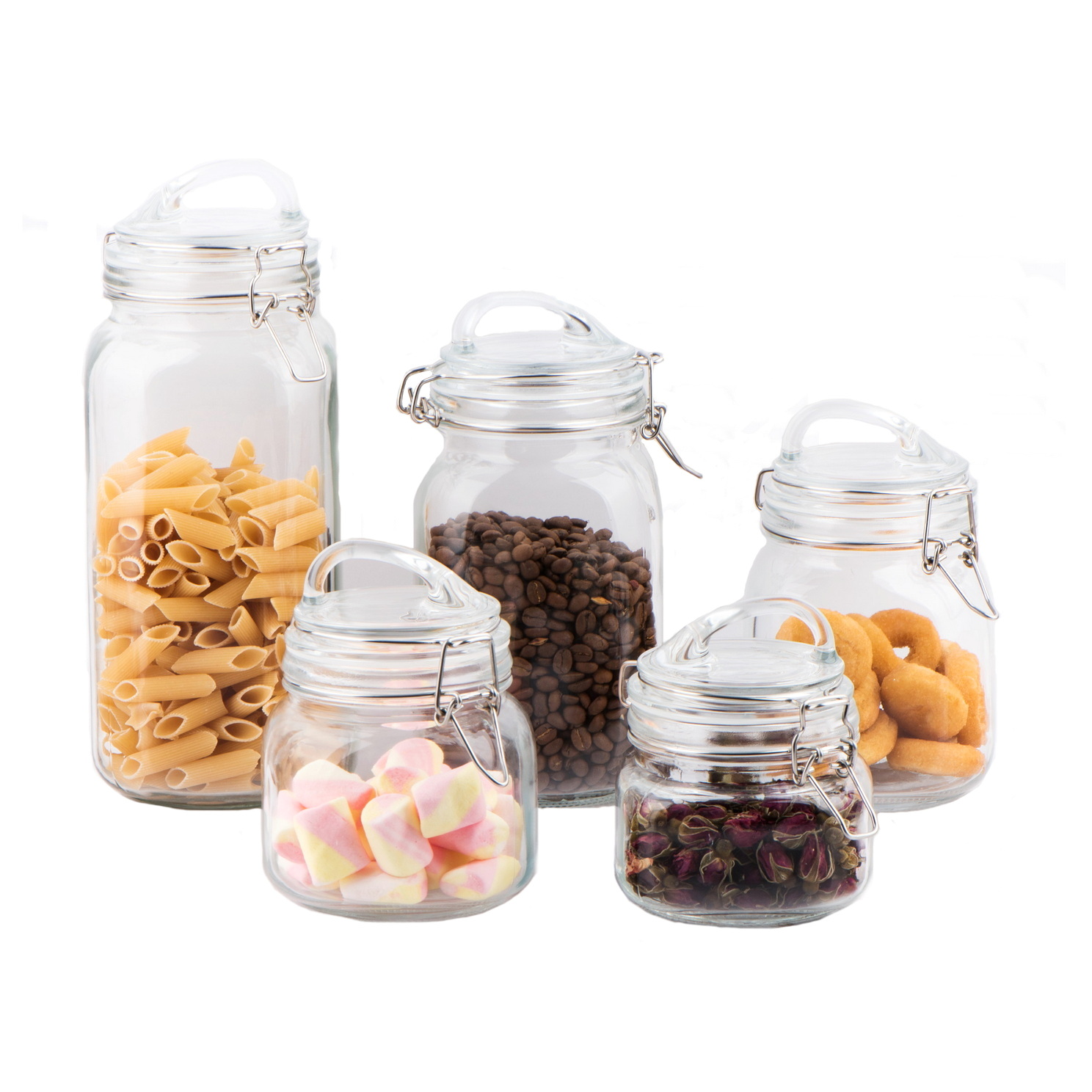 Glass food storage jar pearl color with metal clip and silicon seal ring CP021T