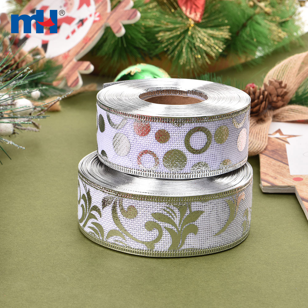Gold Stamping Jute Hemp Linen Wired Edge Christmas Ribbons
