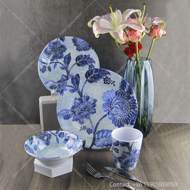 SEBEST factory wholesale high quality plant design elegant blue flower tableware sets melamine