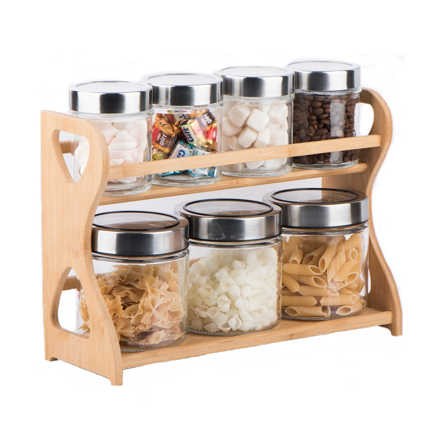 7pcs glass food jar set with wooden rack