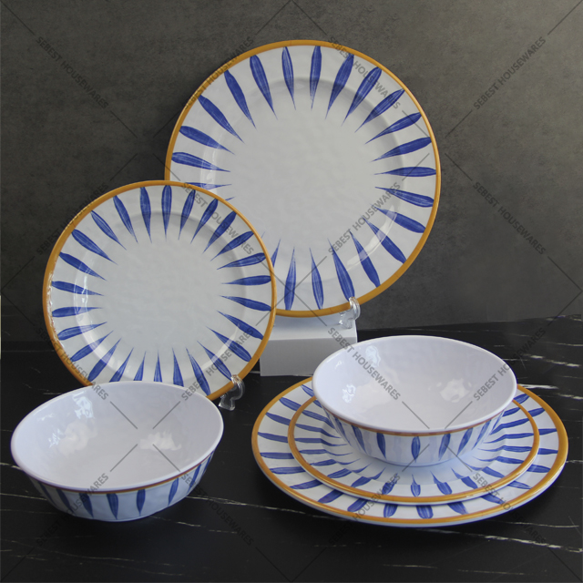 Wholesale Food Grade Unbreakable White Japanese Waves Style Bowls Plate Dinnerware Set Melamine